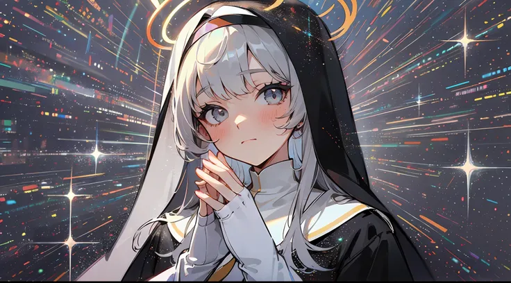 mirrornun, portrait, 1girl, solo, nun, upper body, long sleeves, blush, habit, own hands together, long hair, looking at viewer, closed mouth, halo, bangs, dress, grey eyes, black dress, sparkle, hands up, grey hair, veil