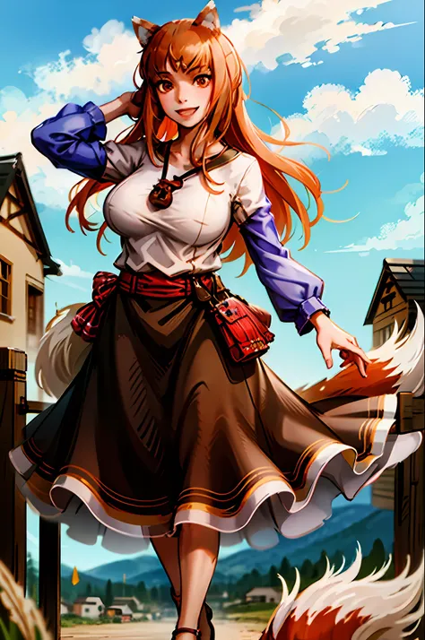 (holo:1.5), (holoBrownDress:1.5), masterpiece, best quality, absurdres, 1girl, looking at viewer, standing, cowboy shot, outdoors, medieval, cobblestone street, town, pouch, sash, smile, fruit, apple, basket,huge breast, curvy