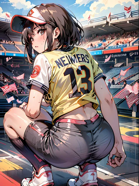 masterpiece, super high quality, super detail, perfect drawing, solo, girl, softball club, baseball shirt, ((hot pants)), (elbow...