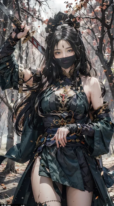 Masterpiece, highest quality, extreme clarity, 1 female warrior with a black cloth covering her face, long black hair, body wearing Hanfu, ((her hand holding the hilt of a sword)), the sword looks sharp, the sword is stained with blood, and the background ...