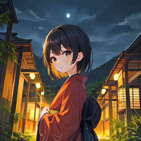 (masterpiece, best quality), cute girl, (cute:1.1), little girl, red kimono, short hair, black hair, looking at the sky, bamboo ...