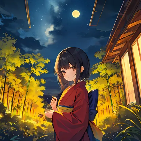 (masterpiece, best quality), cute girl, (cute:1.1), little girl, red kimono, short hair, black hair, looking at the sky, bamboo ...