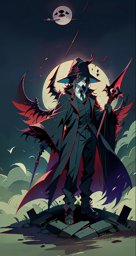 izuku midoriya as the grim reaper wearing plague doctor's clothes wielding a scythe on a cementary under the crimson moonlight