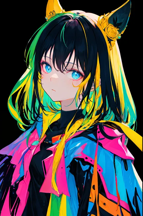 multicolored, 1girl, night, dark, black hair, looking at the audience, upper body, facing the audience, limited color palette, b...