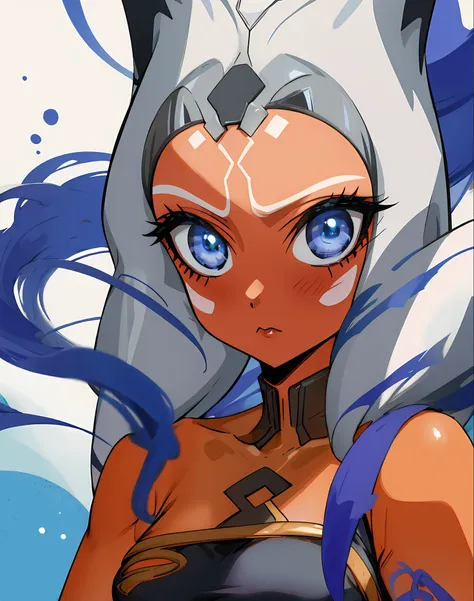 1girl, blue eyes, orange skin, tentacle hair 
bisquedoll anime style