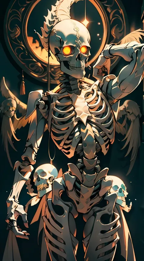 Skeleton Man, intricate carving, glowing eye sockets, pile of skeletons, (detailed background: 1.3), backlit, serious eyes, masterpiece portrait, masterpiece, best quality, intricate detail, absurd,