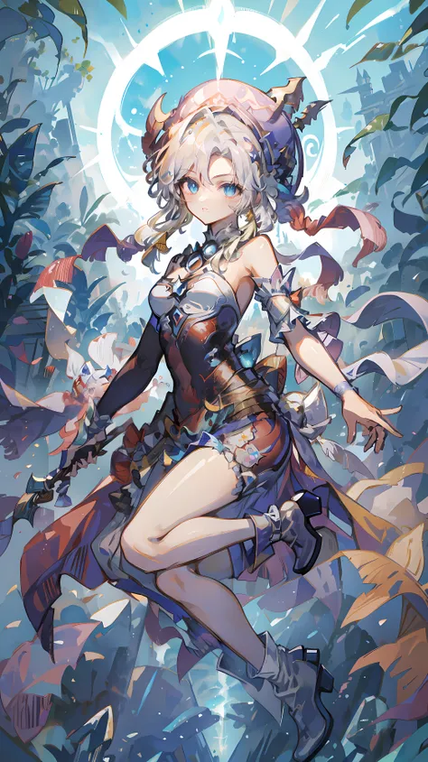 In a Final Fantasy style illustration. A powerful sorceress invokes the powers of thunder. She is very beautiful and wears a knee-length dress with straps and ruffles, heels and a pointed hat. She is in a strange place of ancient buildings half buried by t...