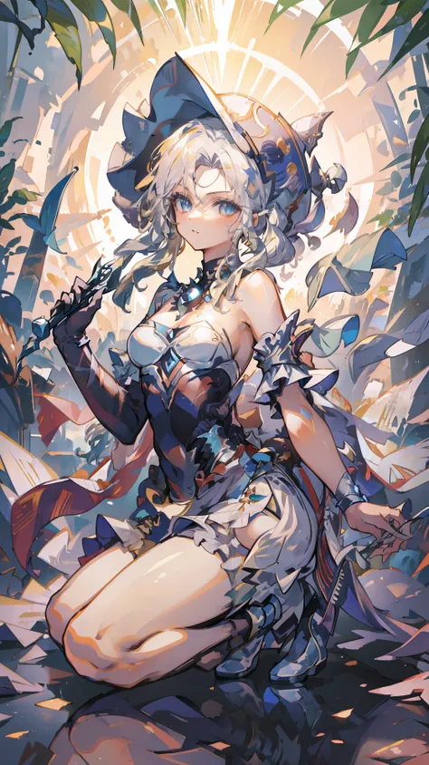 In a Final Fantasy style illustration. A powerful sorceress invokes the powers of thunder. She is very beautiful and wears a knee-length dress with straps and ruffles, heels and a pointed hat. She is in a strange place of ancient buildings half buried by t...