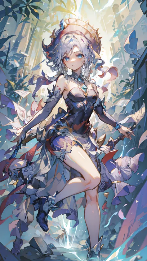 In a Final Fantasy style illustration. A powerful sorceress invokes the powers of thunder. She is very beautiful and wears a knee-length dress with straps and ruffles, heels and a pointed hat. She is in a strange place of ancient buildings half buried by t...