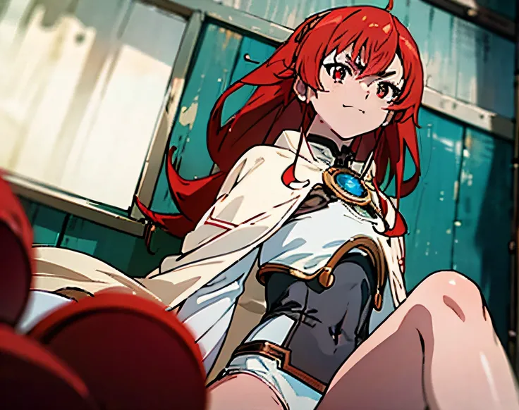 Eris on her back on the beach and wearing short white bikini, anime screencape, anime mushoku tensei, girl Eris Greyrat Boreas, light red eyes, angry smile, red hair, masterpiece, best quality, realistic, colorful cinematic lighting, detailed background, d...