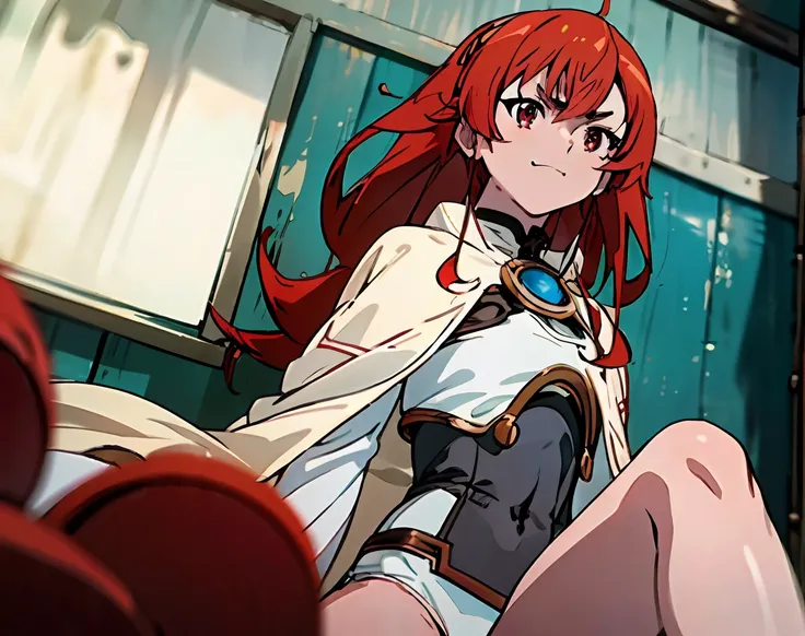 Eris on her back on the beach and wearing short white bikini, anime screencape, anime mushoku tensei, girl Eris Greyrat Boreas, light red eyes, angry smile, red hair, masterpiece, best quality, realistic, colorful cinematic lighting, detailed background, d...