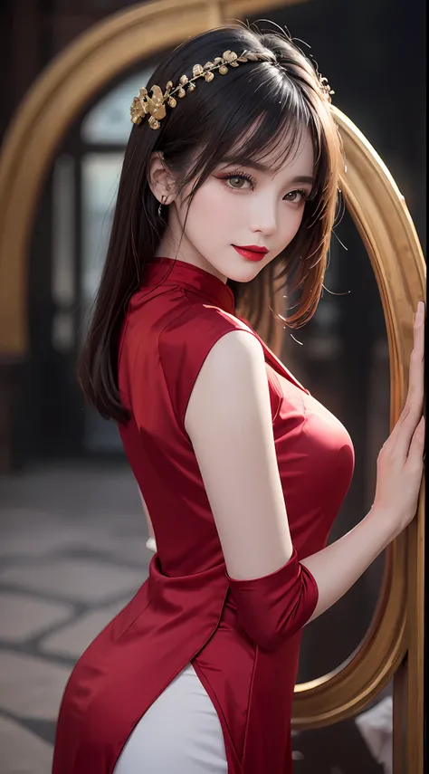 1 27-year-old girl, 1 zodiac goddess from the future, 12 zodiac goddess pink purple, 12 zodiac goddess wearing red silk long dress and pants, red and white ao dai hugging the body , pants and ao dai 12 zodiac with black lace details, long dress in thin fab...
