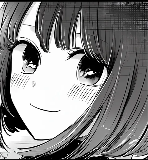 anime girl with black hair and black eyes staring at something, black and white manga panel, black and white manga style, pretty...