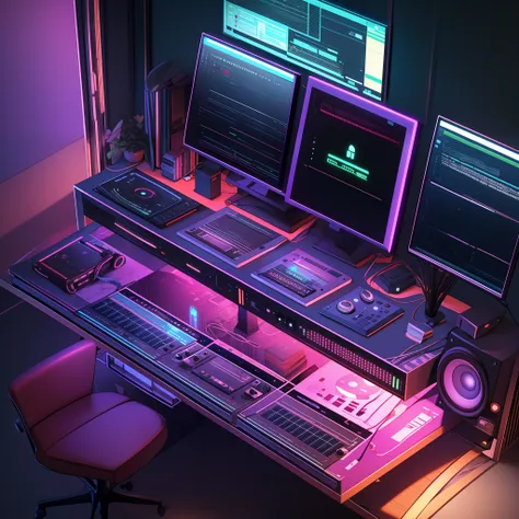 isometric music producers computer desk, massive speaker system, studio monitors, dj turn table,  monitors, marijuana bong, soft...