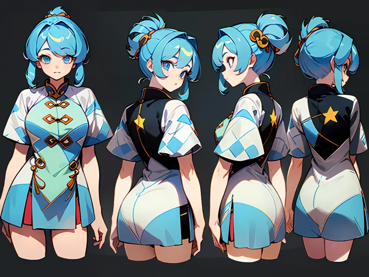 ((masterpiece)),(((best quality))),(character design sheet, same character, front, side, back), illustration, 1 girl, hair color...