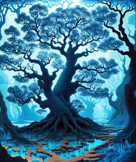 (low contrast), colorfantasystyle old painting style, a giant blue oak, cool colors, landscape, giant tree, blue, highly detaile...