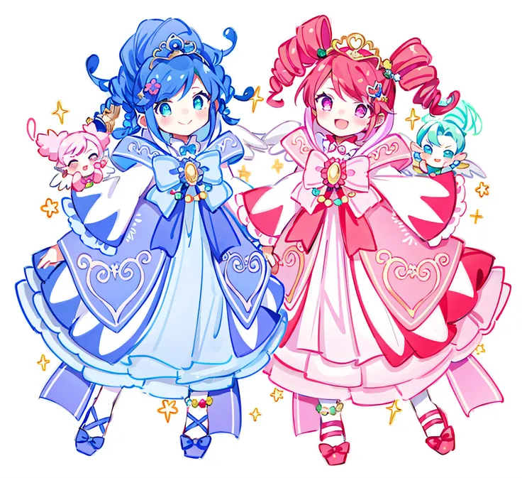 Two anime girls in pink and blue dresses, two girls holding hands, eyes as beautiful as gems, shoes are princess shoes with beautiful wings on the back, rainbows on clothes, magic princess, magical girl style, magical girl, beautiful Gemini twins, cute web...