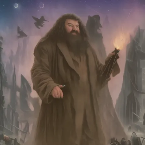 Hagrid_from_HarryPotter, magic, magic, Hogwarts in the background
