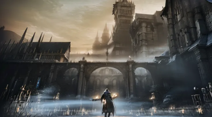 Bloodborne,masterpiece,best quality,high detail,hyper quality,high resolution,epic detail,8K,Unreal Engine,Backlighting,cinematic shot,Full Length Shot(FLS),film photography, Illustration, an adult male, holding a long sword in his right hand, a scale in h...