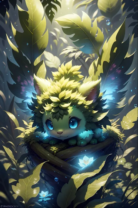 grainy, extremely detailed, intricate detail, dynamic lighting,photorealistic, filmg , natural lighting, m0nst3rfy3, white lion cub, red glowing eyes, :P, (fluffy:1.2), glowing flowers, dark forest,