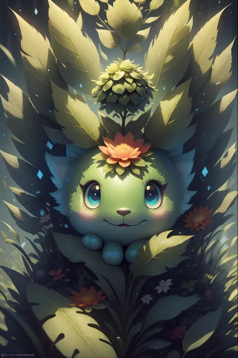 grainy, extremely detailed, intricate detail, dynamic lighting,photorealistic, filmg , natural lighting, m0nst3rfy3, white lion cub, red glowing eyes, :P, (fluffy:1.2), glowing flowers, dark forest,