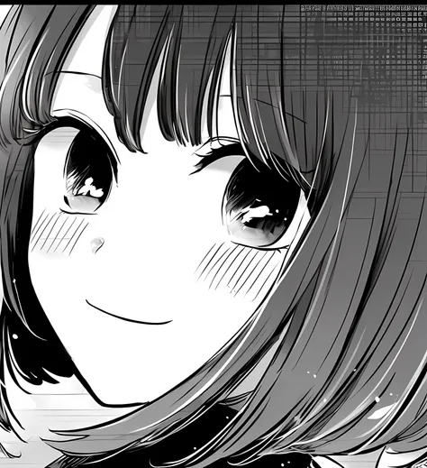 Anime girl with black hair and black eyes looking at something, black and white manga panel, black and white manga style, beautiful anime face, cute anime face, black and white manga page, manga style, detailed manga style, slightly happy facial expression...
