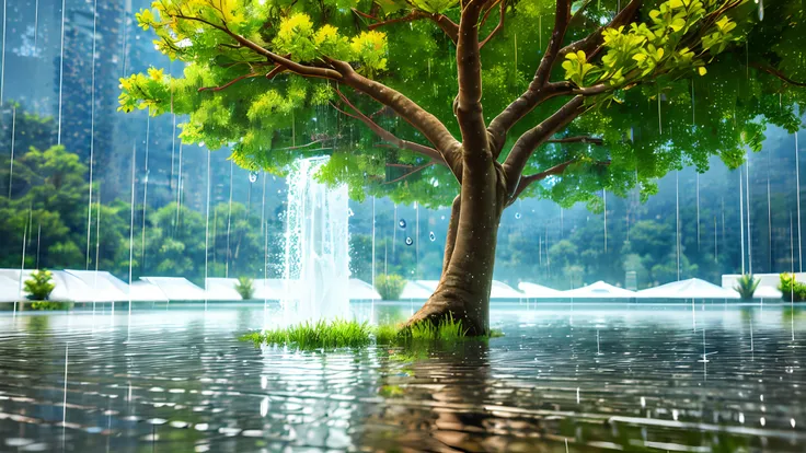 (masterpiece, best quality),1.2, cuva, over rain, best quality,1.5,, , thunder, tree raining,water pose, drops, outside, realist...