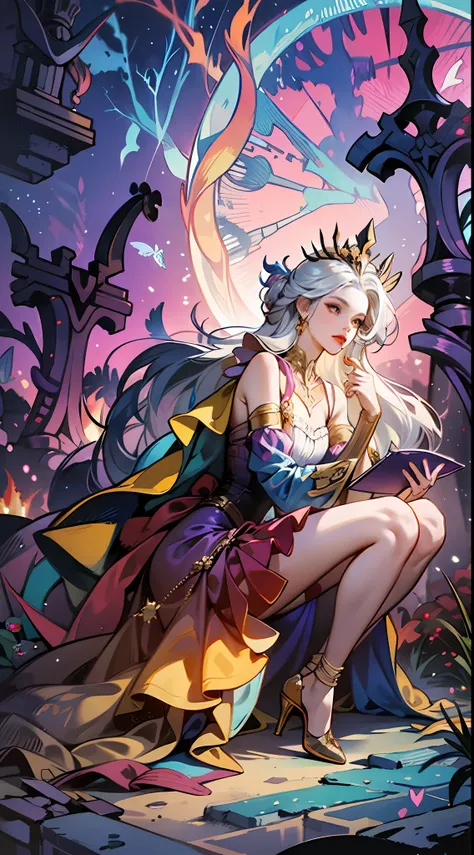 In a Final Fantasy style illustration. A powerful sorceress invokes the powers of thunder. She is very beautiful and wears a knee-length dress with straps and ruffles, heels and a pointed hat. She is in a strange place of ancient buildings half buried by t...
