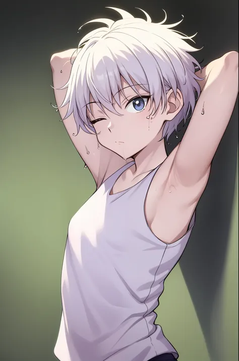 masterpiece, best quality, high quality, one boy, solo, male focus, view viewer, upper body, killua_zoldyck, tank top, eyes clos...