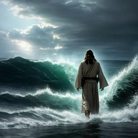 ultra realistic photo,cinematic scene,jesus walking on water in the middle of a storm, masterpiece, best quality, high quality, ...