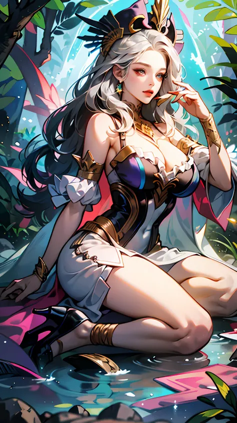 In a Final Fantasy style illustration. A powerful sorceress invokes the powers of thunder. She is very beautiful and wears a knee-length dress with straps and ruffles, heels and a pointed hat. She is in a strange place of ancient buildings half buried by t...