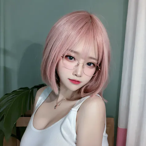 best quality, (photorealistic:1.2), 1girl, solo, shiny skin, detailed face, face focus, pink hair, (glasses), bob cut, (looking ...