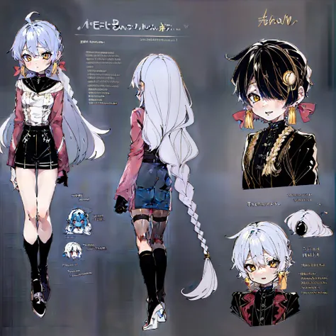 (character design sheet, (((same character))), front, side, back), 2d anime style, anime moe art style, 1 person, genderless, pink hair, long bangs, a slender twisted braid, golden eyes, glowing eyes, white tights, black hands with black claws, cute art st...