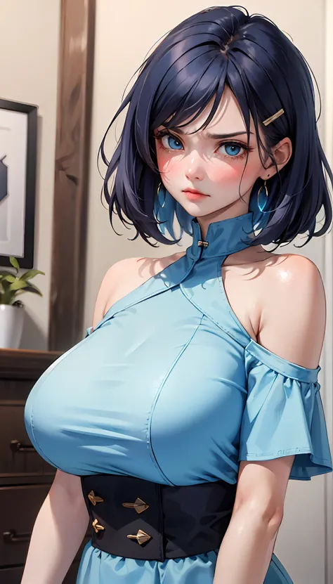 short dark blue hair (masterpiece, : 1.2, best quality), (1 woman, solo, upper body: 1.2) short dark blue hair, clothing: short ...