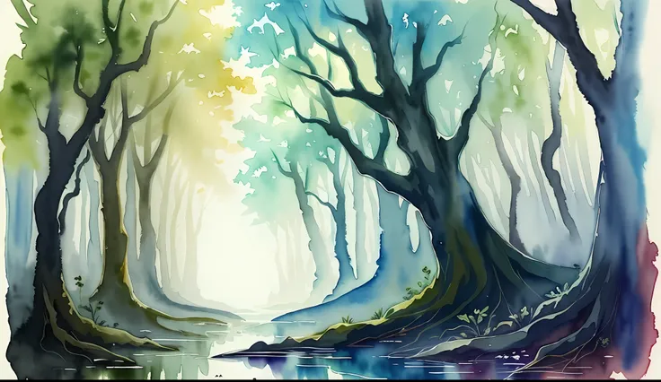 ( watercolor (medium), IrisCompiet:1.2), unfinished painting of a fantasy forest, wet on wet, white background