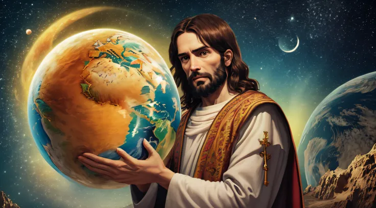 "realistic 8k masterpiece with perfect anatomy: jesus christ holding planet earth in one hand, with an undeformed face."