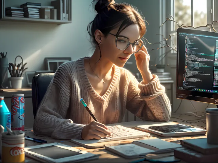 a  beautiful lady with a messy bun and glasses, wearing a knitted sweater, working on some coding on the computer at her messy d...