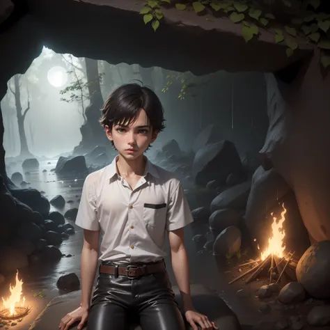 High quality realistic Anime style, high definition high quality realistic, shaded, photorealism, Ray tracing, 8k, uhd, masterpiece, small male kid (around 9yo) alone, young small body, peasent medieval clothes white shirt with belts and leather pants, dir...