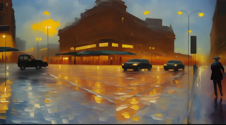 oil painting, in impressionist style, of a city in the rain, with cars passing by with lights on, and many reflections of light ...