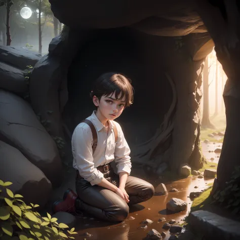 High quality realistic Anime style, high definition high quality realistic, shaded, photorealism, Ray tracing, 8k, uhd, masterpiece, small male kid (around 9yo) alone, young small body, peasent medieval clothes white shirt with belts and brown leather pant...
