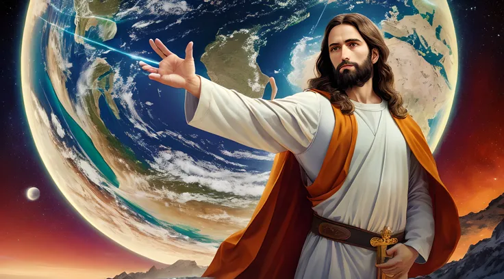 realistic 8k masterpiece with perfect anatomy: jesus christ holding planet earth in one hand, with an undeformed face