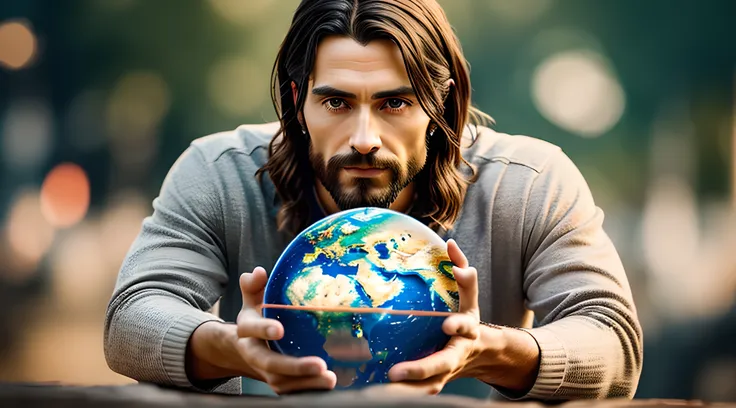 realistic masterpiece in 8k with perfect anatomy: jesus christ holding planet earth in one hand, with an undeformed face, cinema...