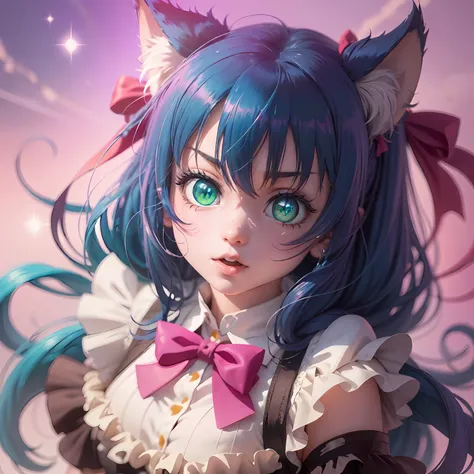 (full hd 4k), anime girl from anime "show by rock" cyan, green eyes, чёрные кошачьи ушки, anime character with cat ears, cute an...