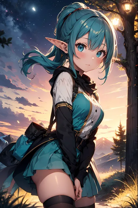 1girl, magic, mountain, cyan hair, hair in ponytail, elf girl, golden tree at night, in the Forrest, medium breasts, elven outfit,