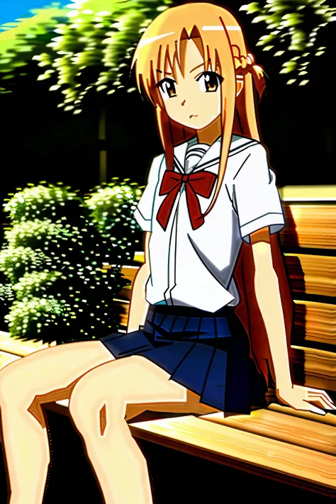 asuna, anime art style, 1girl, solo, long_hair, skirt, brown_hair, brown_eyes, very_long_hair, school uniform, in a schoolyard, sitting on a bench