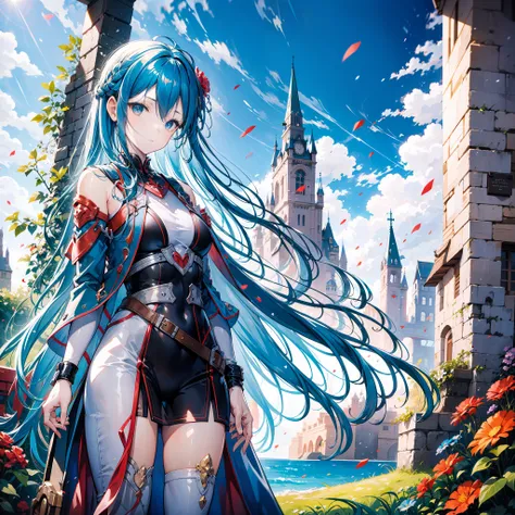 "a girl with blue hair in an open field, with flowers and a floating castle in the background, with griffons flying"