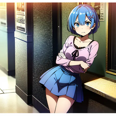 masterpiece, rem rezero, short blue hair, detailed eyes, angry face, top and skirt, casual oufit, crossed arms, legs apart, look...