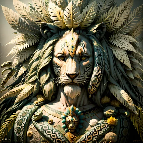Lion ((Indian style)),,((meditative state),,((Leo head)) Shaman, elegant, hair with details, with Indian headdress on head, ((praying)) many colorful feathers, colored feathers,,(snake)) facing the camera, detail: dense tropical foliage, highly detailed in...