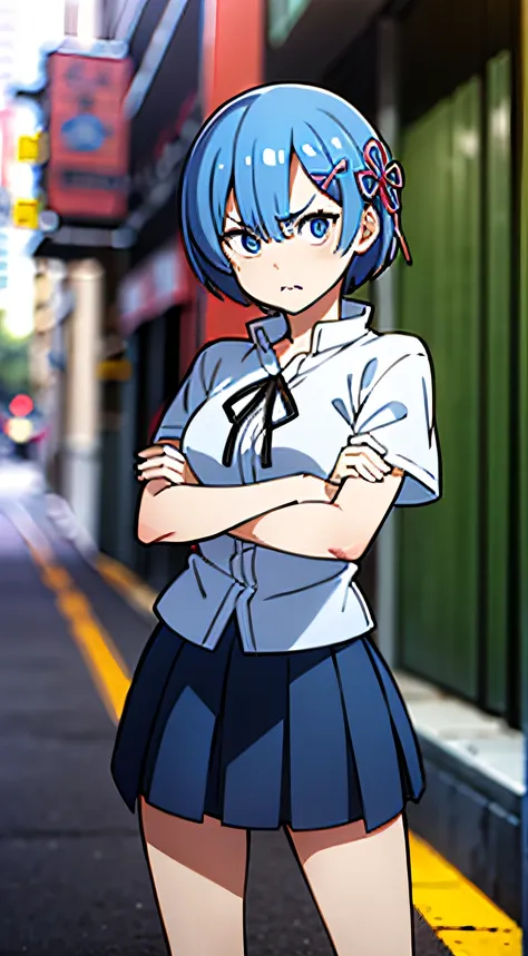 masterpiece, rem rezero, short blue hair, detailed eyes, angry face, shirt and skirt, casual oufit, crossed arms, standing in th...