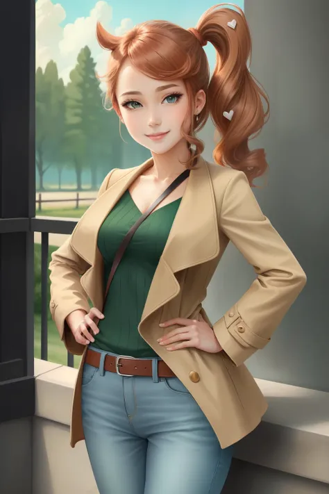 (masterpiece, best quality:1.2), cowboy shot, solo, 1girl, sonia, smile, looking at viewer, hand on hip, side ponytail, heart hair ornament, eyewear on head, brown trench coat, pants